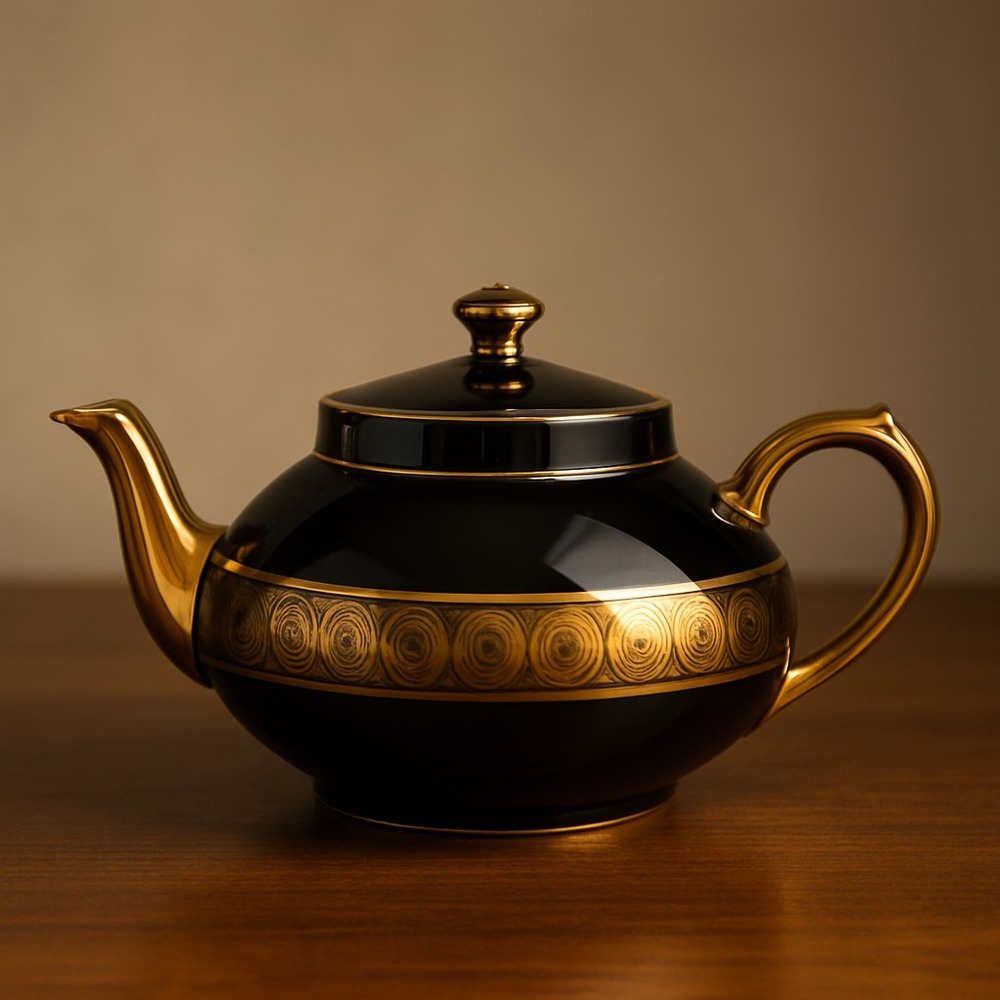 Antique GIBSON‎ & SONS Late Sevres Davenport Black & Gold Teapot England Vintage